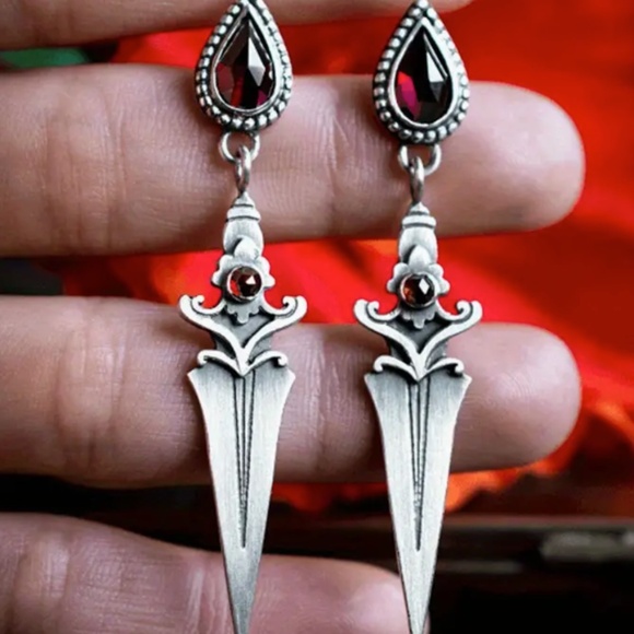 Gothic Punk Vintage Earrings, Dagger Tassel  W/ Red zirconia, Retro Style - Picture 3 of 8